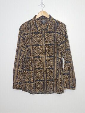 Level Ten Men's Black Gold Geometric Paisley Print Long Sleeve Button Down Large